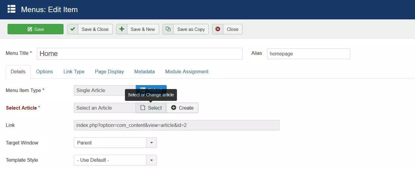 Image: Élément de menu « Menu de la page d’accueil » sur Joomla