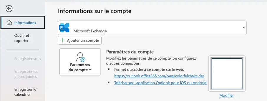 Microsoft Outlook : menu « Fichier » Image: Microsoft Outlook : menu « Fichier »
