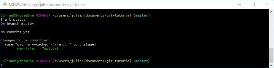 Image: Git-Bash : vérification du statut après modification de la copie de travail