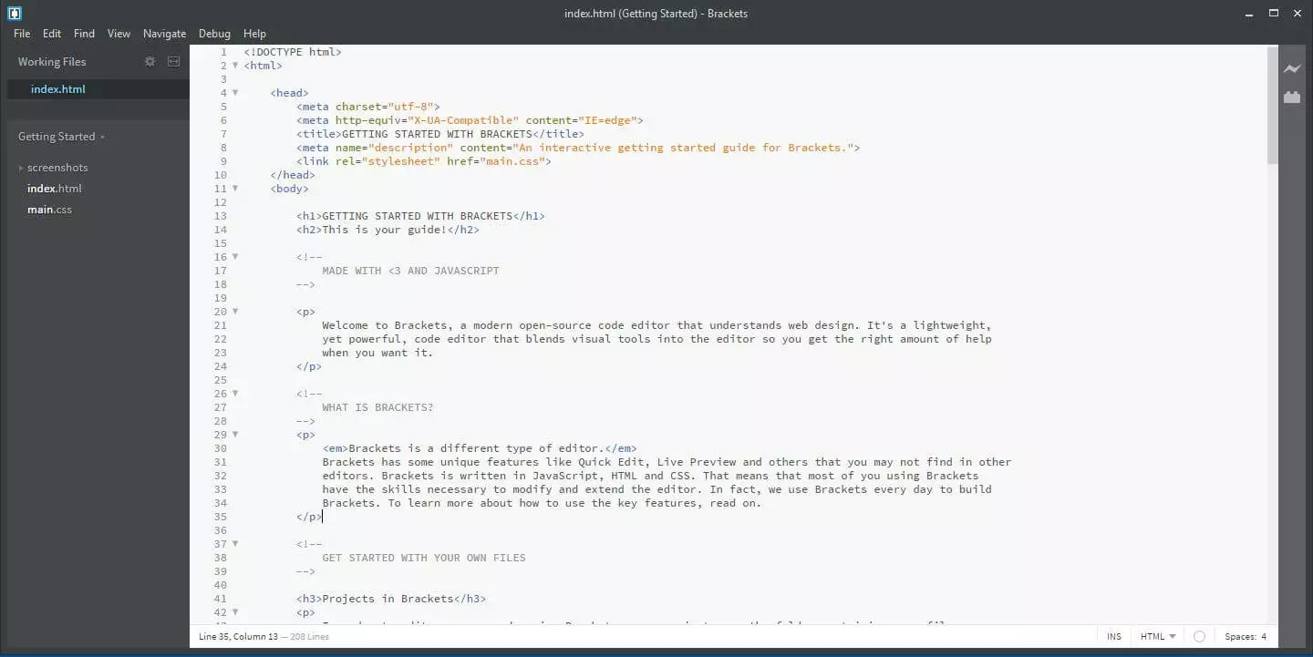Extrait de l’interface de Brackets