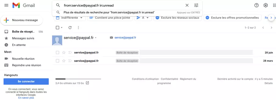 Image: Recherche Gmail avec plusieurs opérateurs de recherche