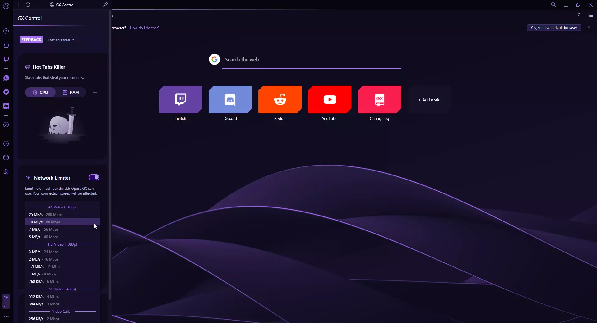 La fenêtre de contrôle GX du gaming browser Opera GX
