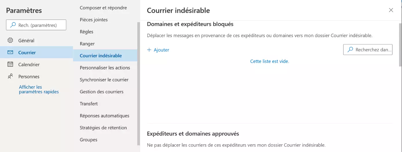 Image: Paramètres du courrier indésirable dans Outlook.com