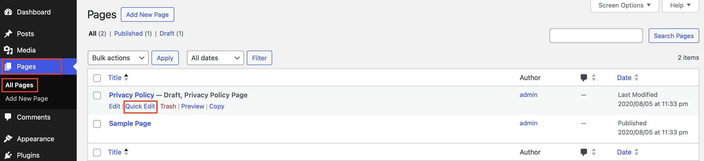 Image: Menu &laquo; Pages > Toutes les pages &raquo; du backoffice de WordPress avec la fonction &laquo; Modification rapide &raquo; affich&eacute;e