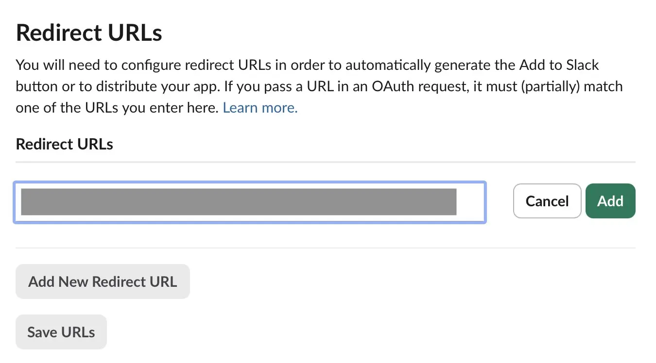 Slack : Redirect URLs Image: Slack : Redirect URLs