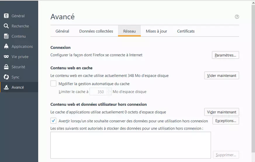 Image: Onglet « Avancé » dans les paramètres Firefox