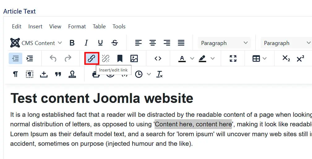 Joomla : option « Insérer/éditer le lien » Image: Joomla : option « Insérer/éditer le lien »