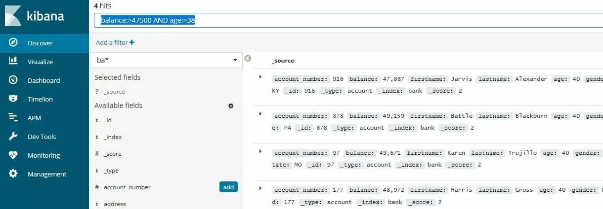 Image: Kibana : résultats d’un filtrage d’un ensemble de données