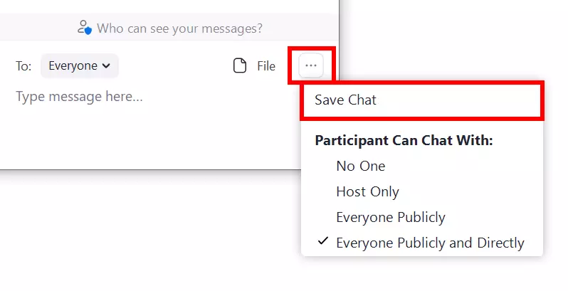 Image: Option permettant d’enregistrer le Chat d’une réunion Zoom