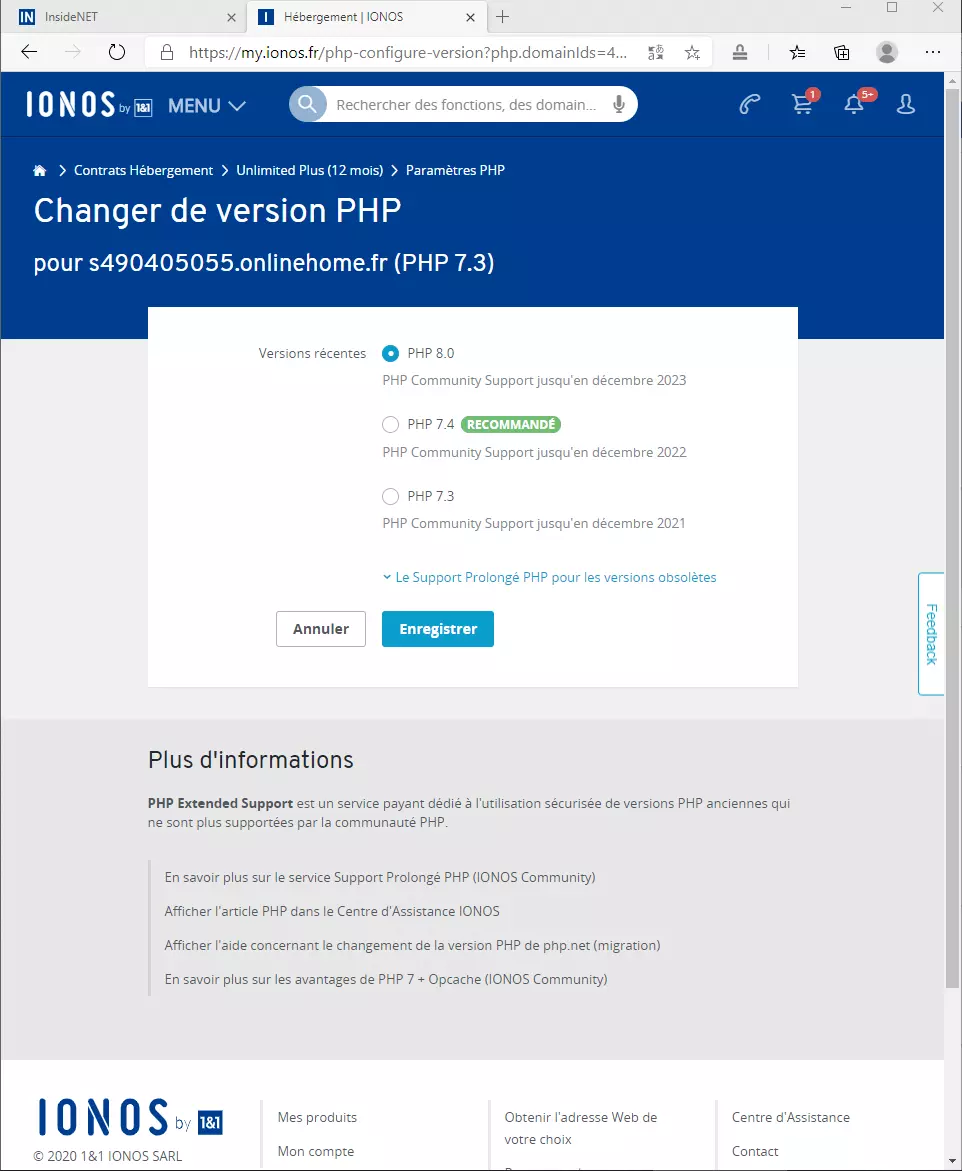 Essayer PHP 8 avec IONOS