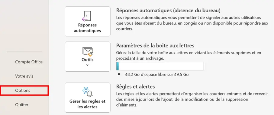 Microsoft Outlook : menu « Fichier » Image: Microsoft Outlook : menu « Fichier »