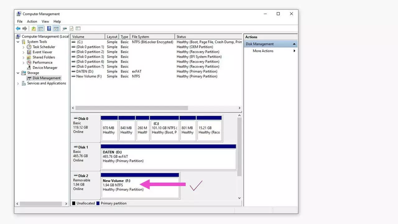 Image: Gestion des disques Windows avec trois disques reconnus