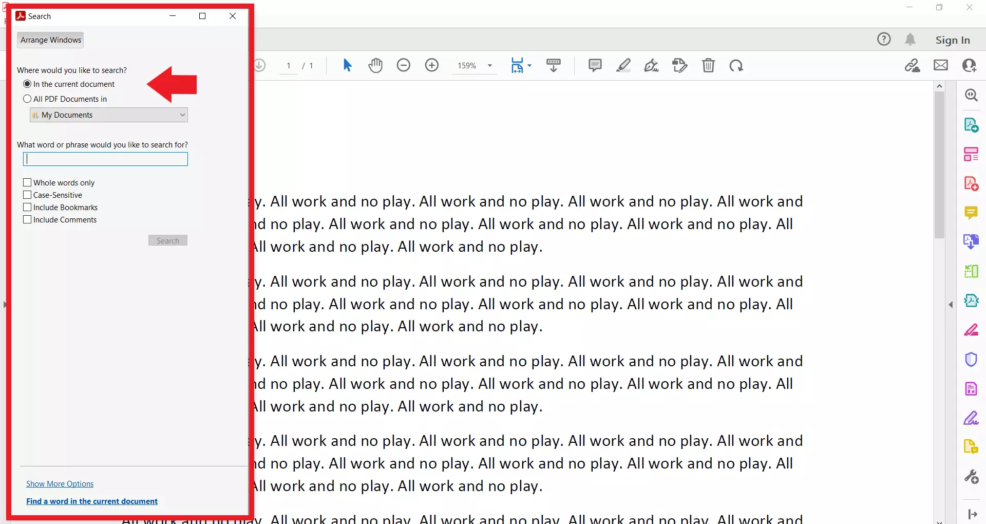 Image: Fenêtre de menu « Recherche avancée » d’Adobe Acrobat Reader