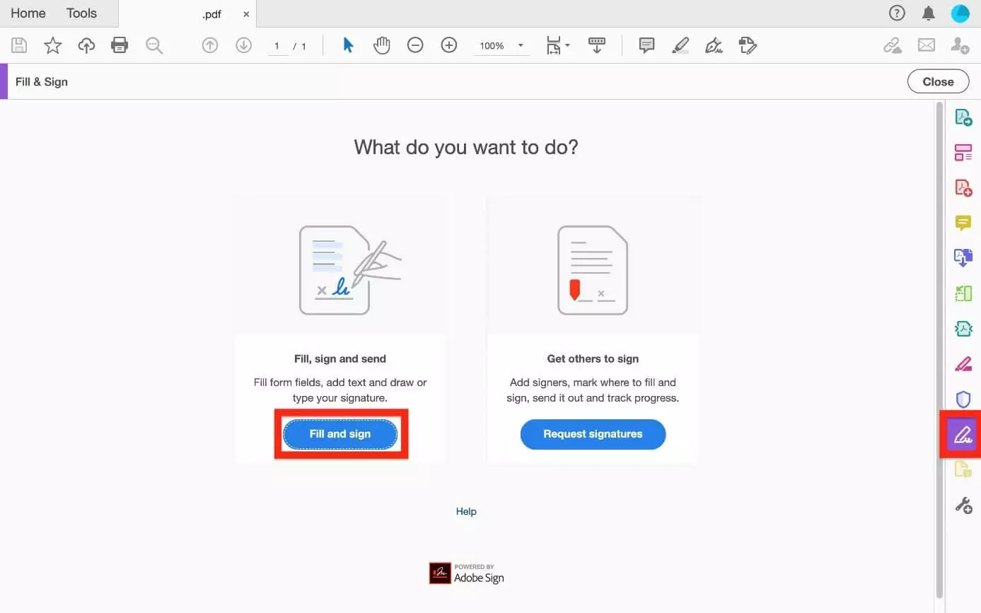 Image: Menu Adobe Acrobat « Remplir et signer » avec les options