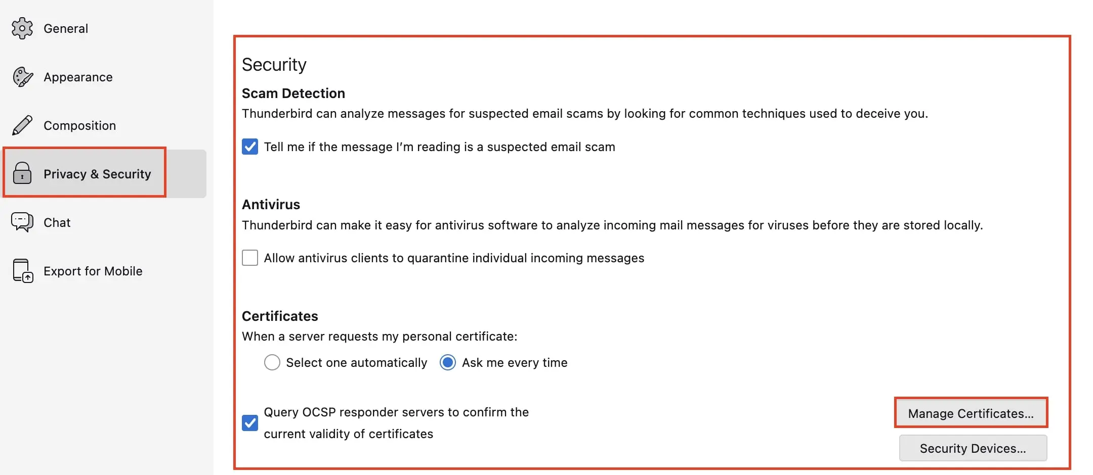 Image: Param&egrave;tres de confidentialit&eacute; et de s&eacute;curit&eacute; dans Thunderbird