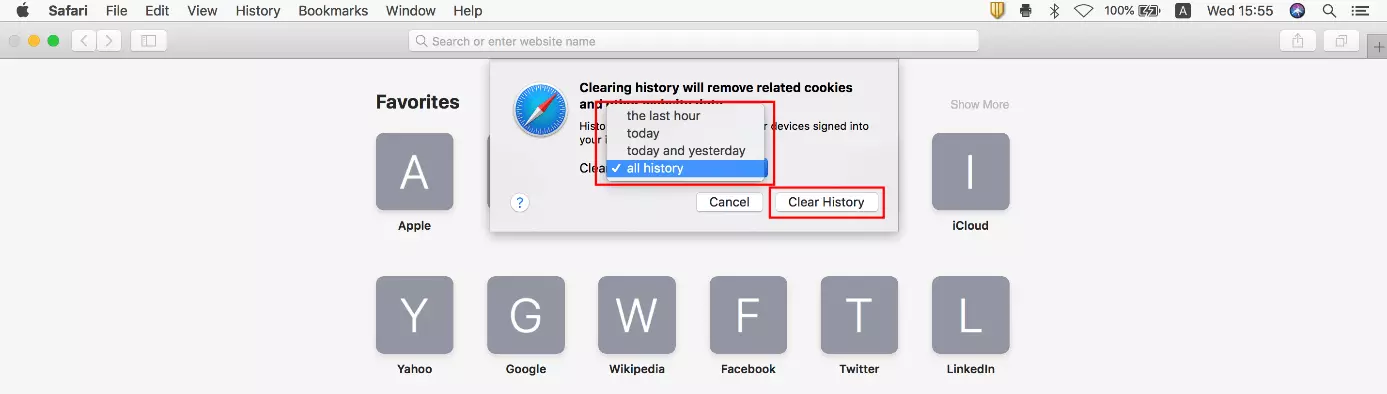 Image: Navigateur Safari : boîte de dialogue « Effacer l’historique » de macOS