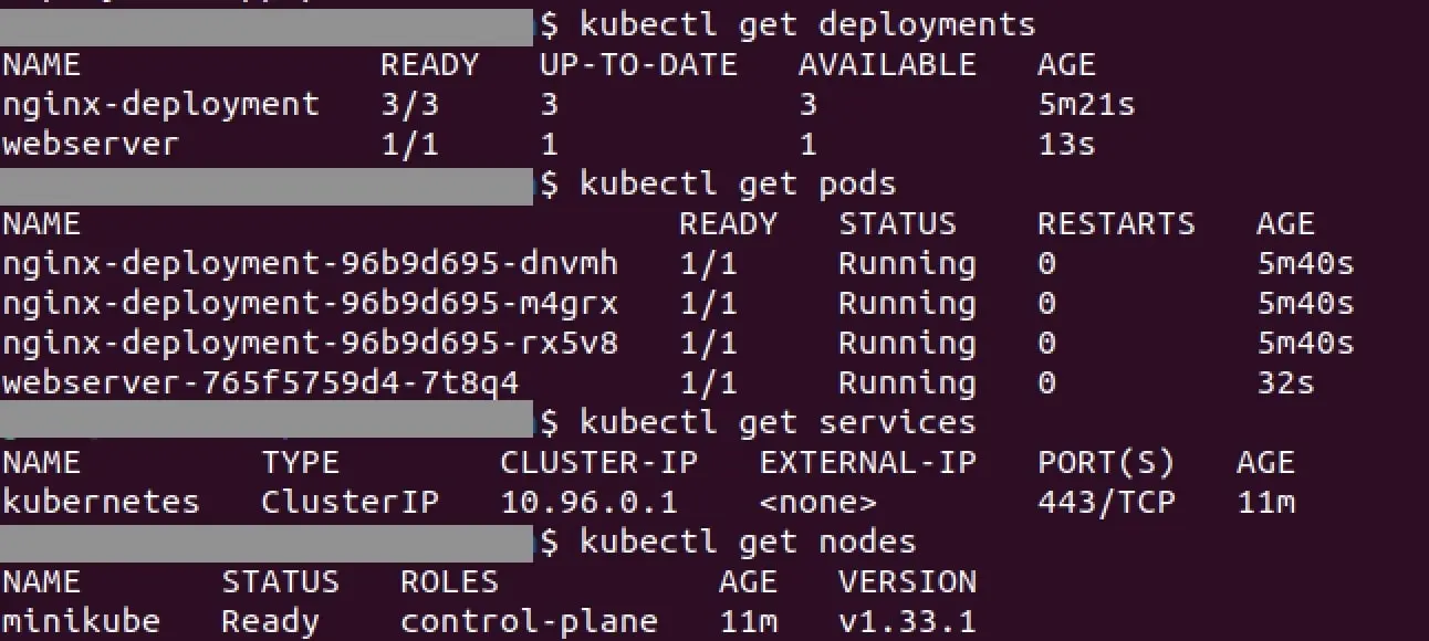 Image: Terminal avec différentes commandes et sorties Kubernetes