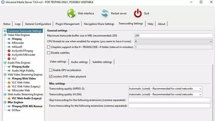 Image: Universal Media Server : transcodage de la fenêtre des paramètres
