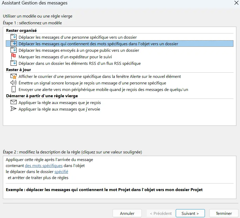 Image: Assistant de règles Outlook : sélection du modèle de règles