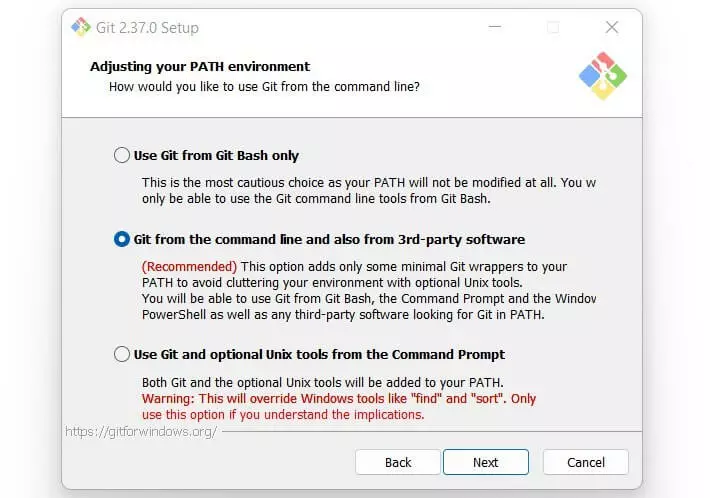 Image: Copie d’écran des critères de sélection de l’environnement PATH lors de l’installation de Git Bash