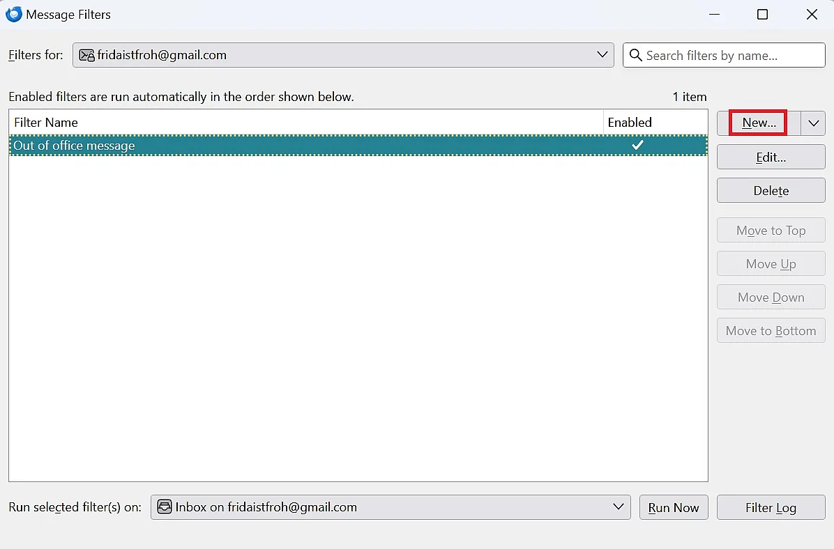 Image: Configurer un message d’absence Thunderbird : configurer un nouveau filtre