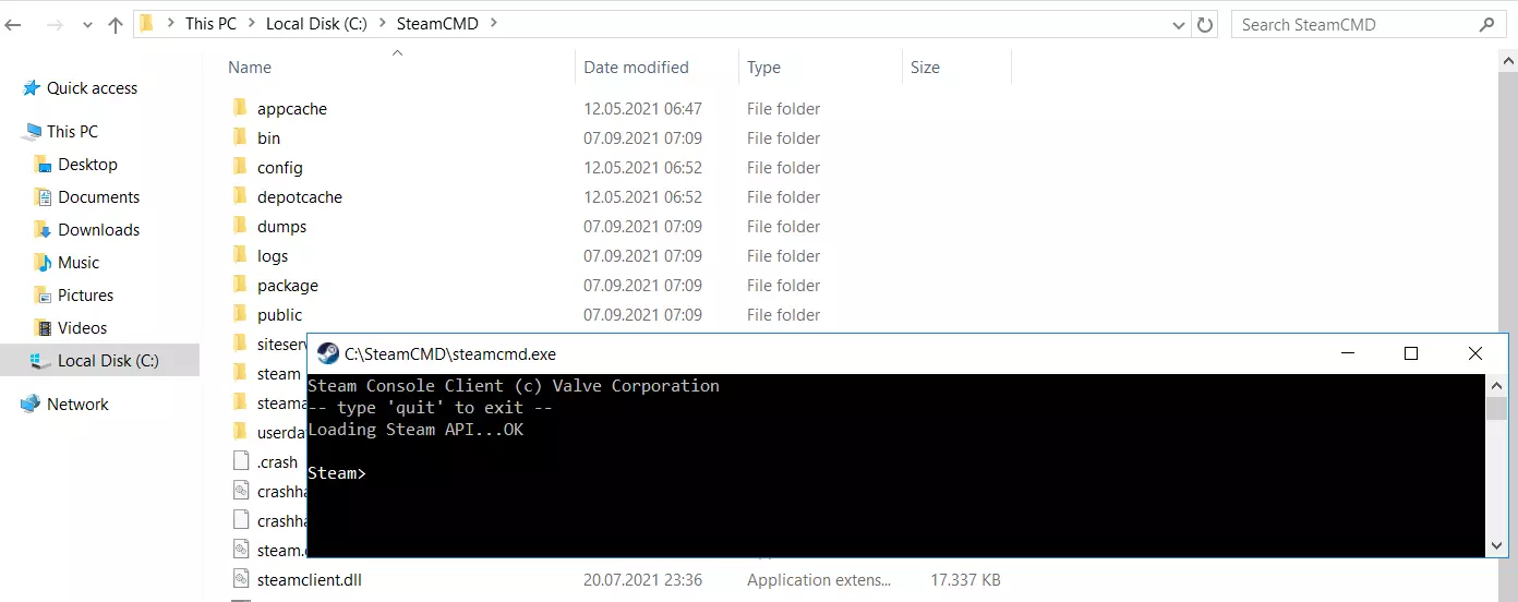 Image: Invite de commande Windows avec SteamCMD en cours d’exécution