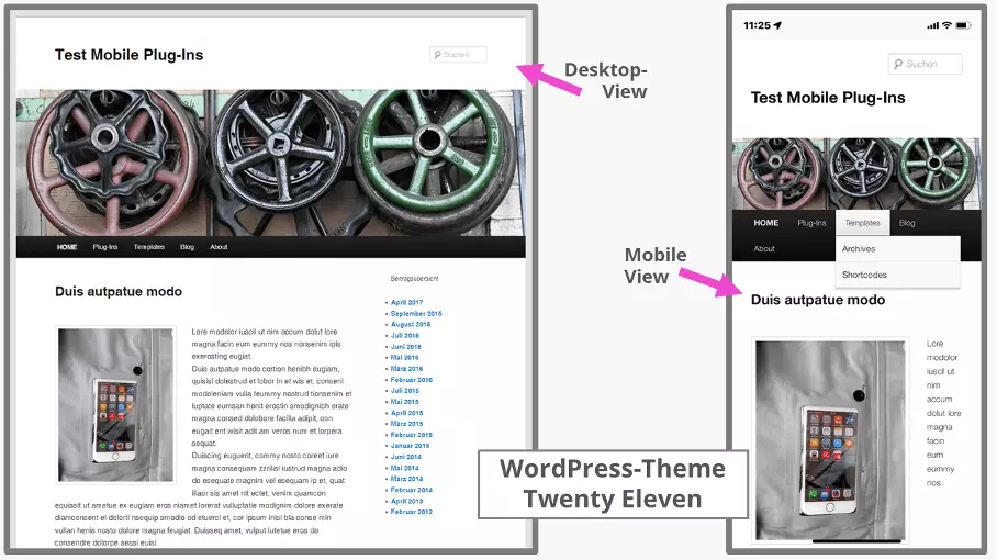 Image: Version bureau et version mobile du thème Twenty Eleven proposé par WordPress