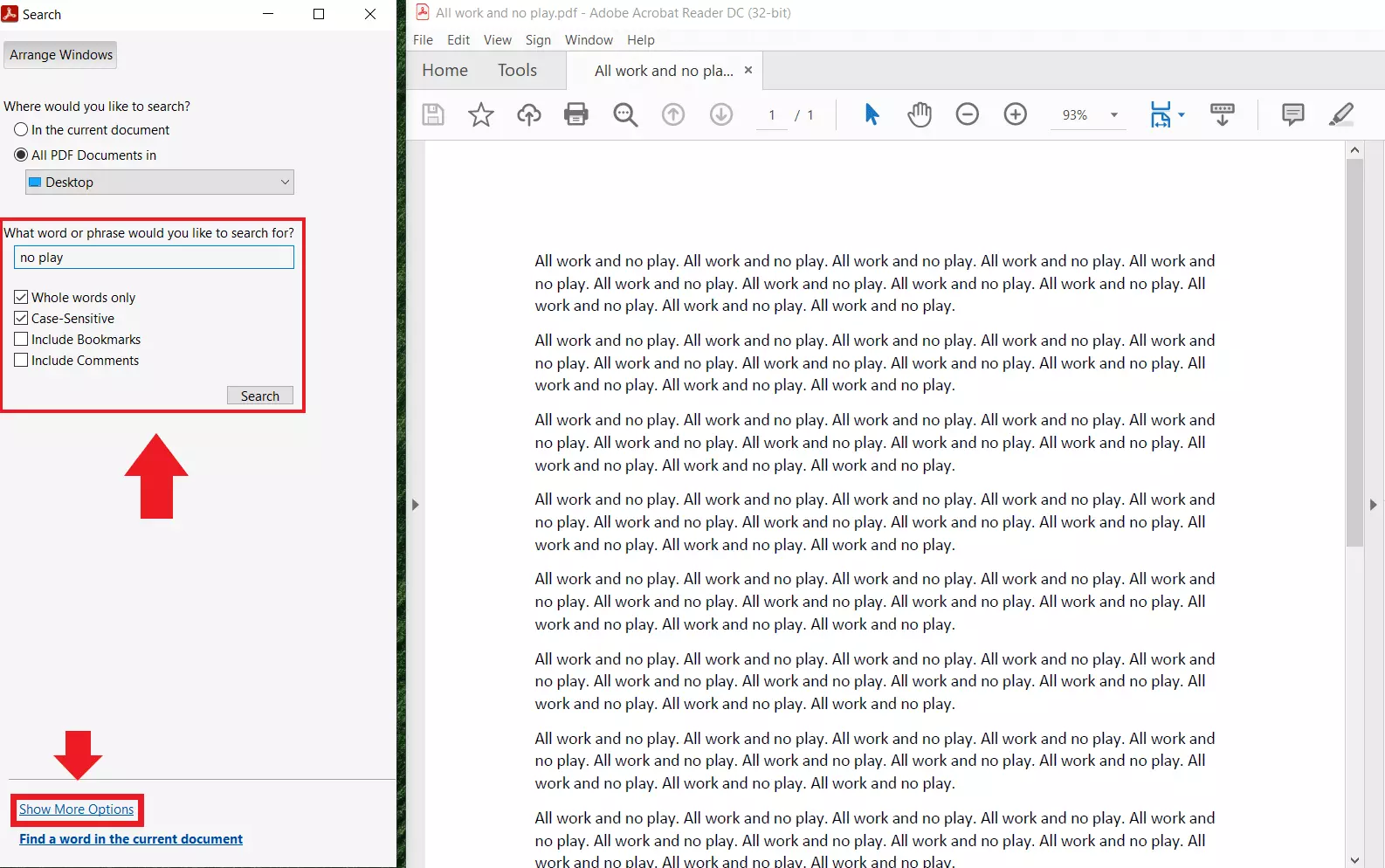 Image: Recherche avancée dans plusieurs PDF : « Afficher plus d’options »