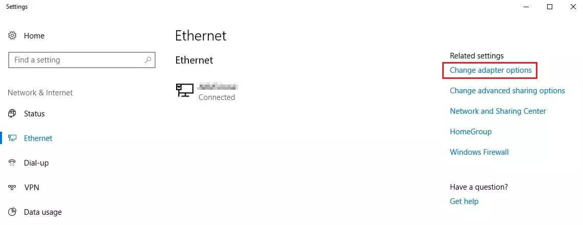 Image: Réglages Ethernet sous Windows 10