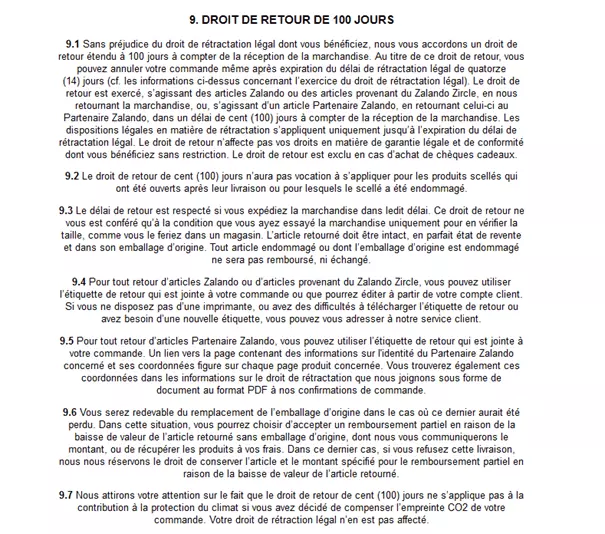 Image: Politique de retour dans les CGV de Zalando