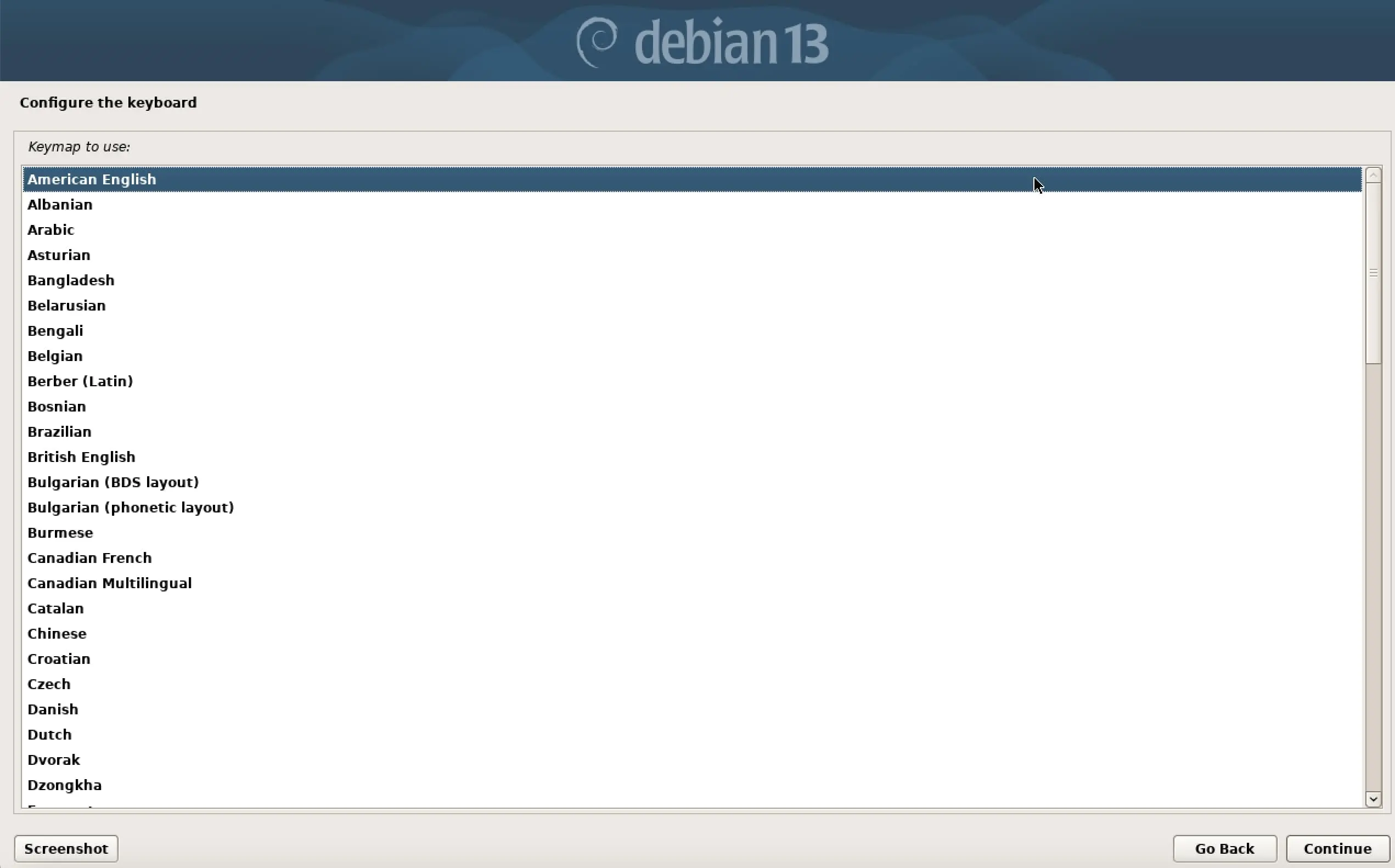 Image: Capture d&rsquo;&eacute;cran de l&rsquo;installation de Debian 13 : choisir le format du clavier