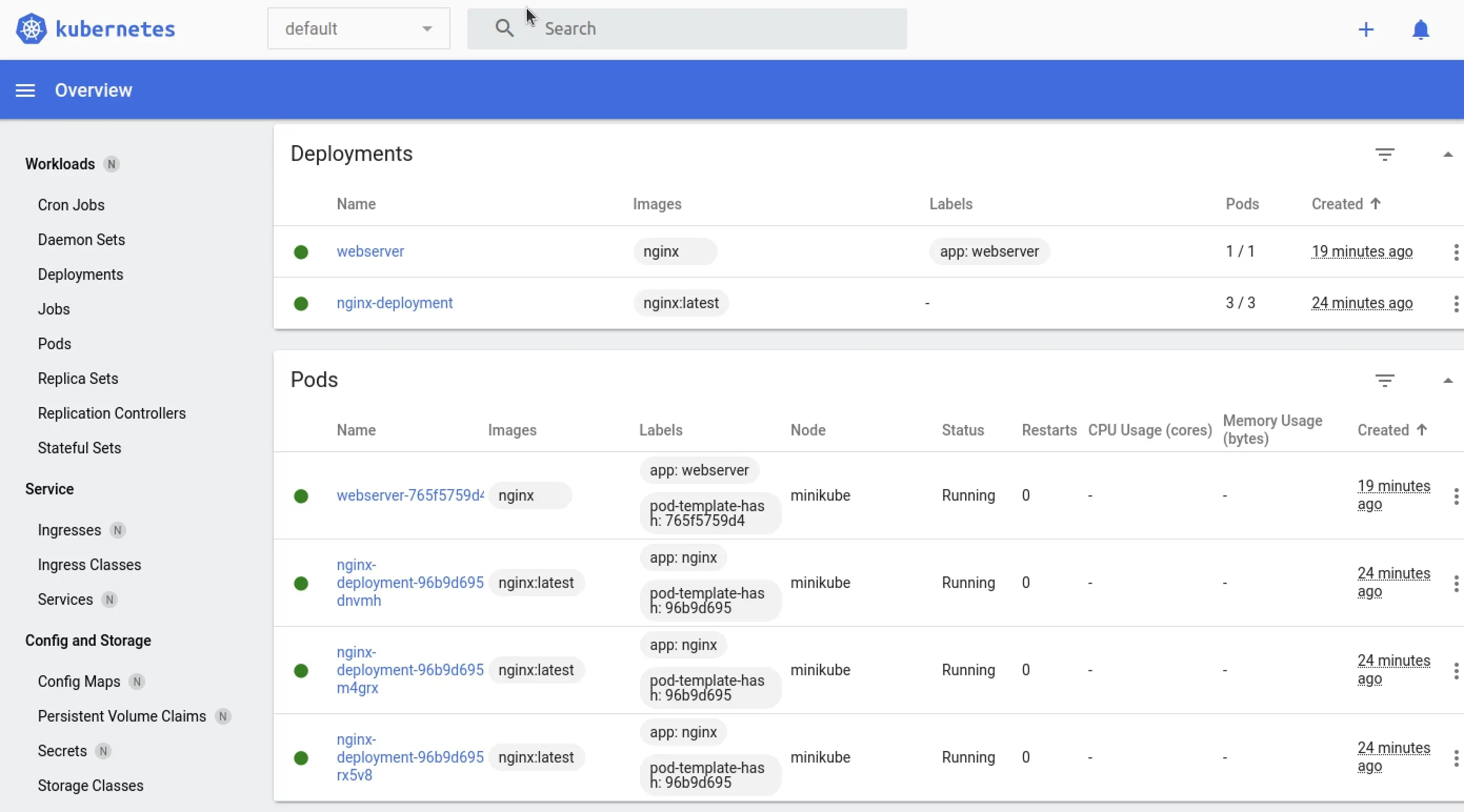 Image: Tableau de bord Kubernetes avec un déploiement et trois pods