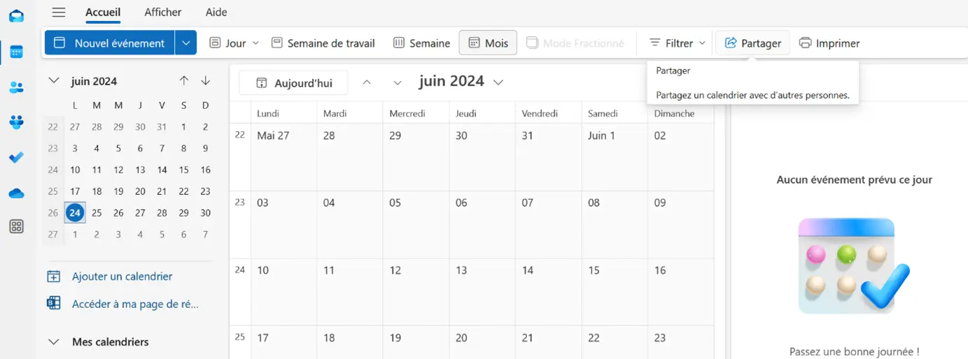 Image: Outlook sur le Web : barre d’outils dans la vue du calendrier