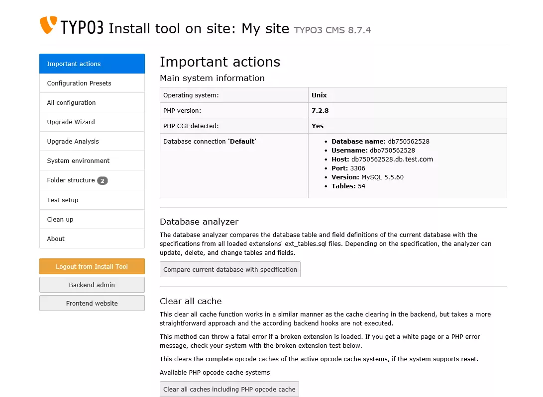 Image: Vue d’ensemble des informations système dans l’assistant d’installation et des boutons qui mènent au backend pour les développeurs et au frontend pour les éditeurs.