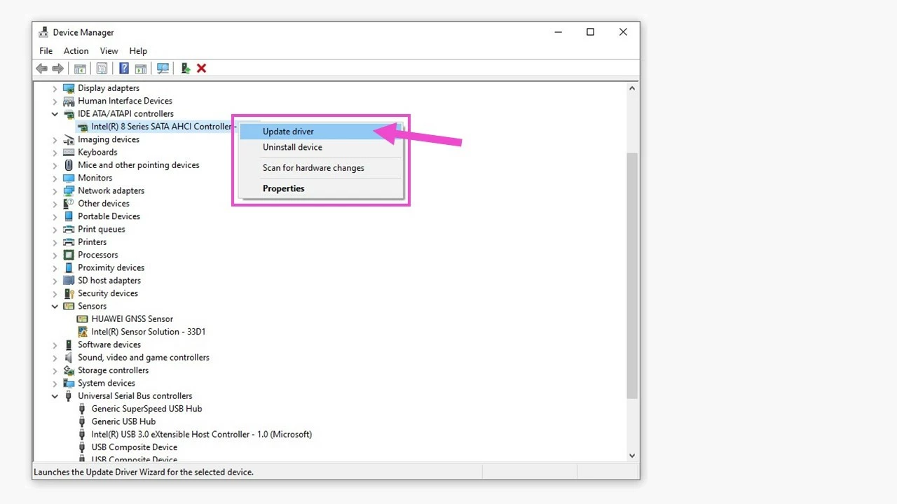 Image: Gestionnaire de périphériques de Windows : menu contextuel