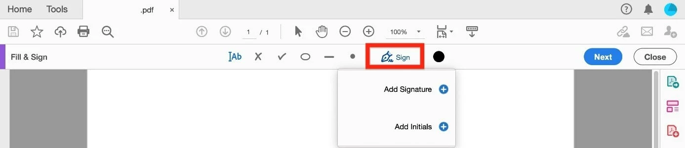 Image: Menu Adobe Acrobat « Signer » avec les options