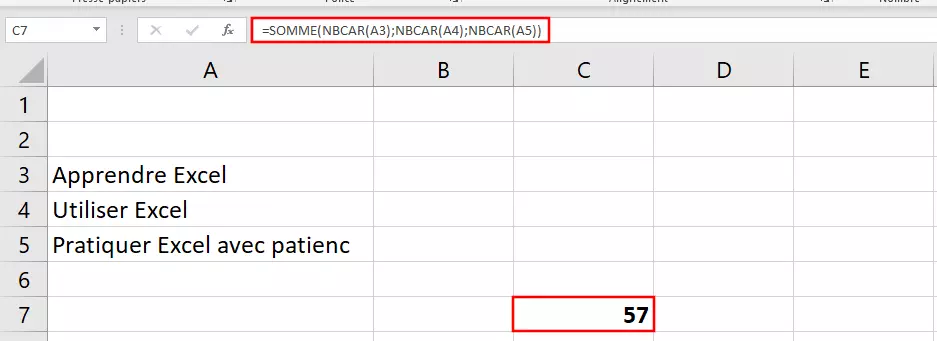 Image: Excel : combinaison des fonctions NBCAR et SOMME