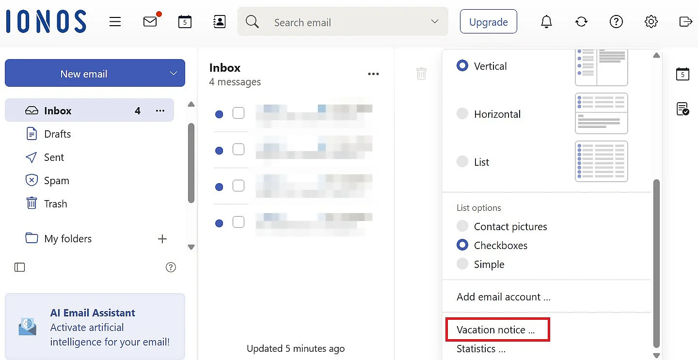 Image: Configurer un message d’absence IONOS