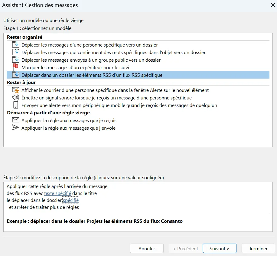 Image: Assistant de règles Outlook : sélection du modèle de règles