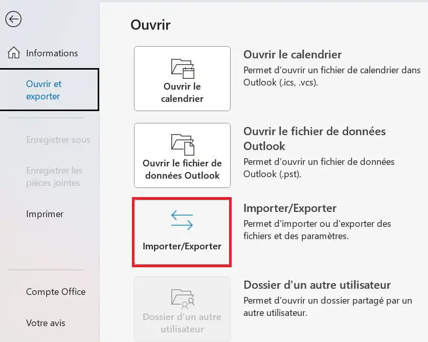 Lancer l’assistant Outlook pour l’importation de données avec « Importer/Exporter » Image: Lancer l’assistant Outlook pour l’importation de données avec « Importer/Exporter »