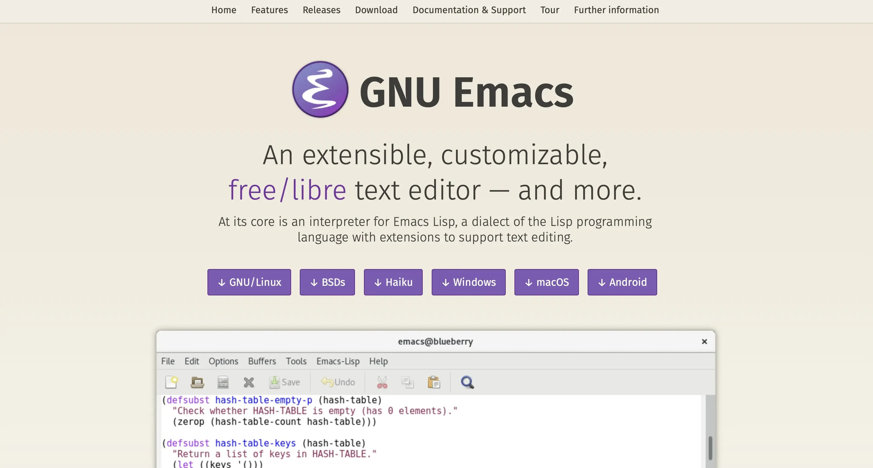 Capture d’écran de la page d’accueil de GNU Emacs Image: Capture d’écran de la page d’accueil de GNU Emacs