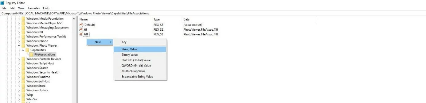 Image: Registre Windows-10 : nouvelle saisie « Chaîne »