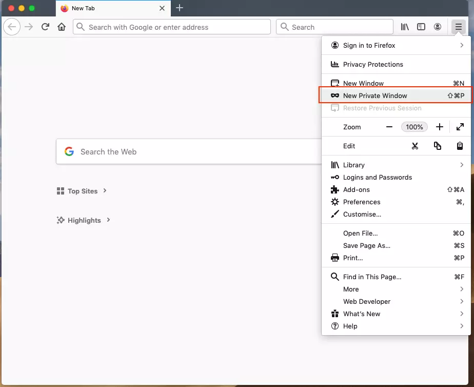 Image: Ouvrir une nouvelle fenêtre de navigation privée dans Firefox en passant par le menu