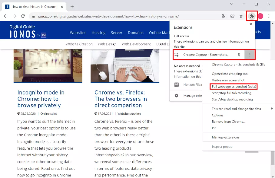 Image: Capture d’écran des différentes options de Chrome Capture