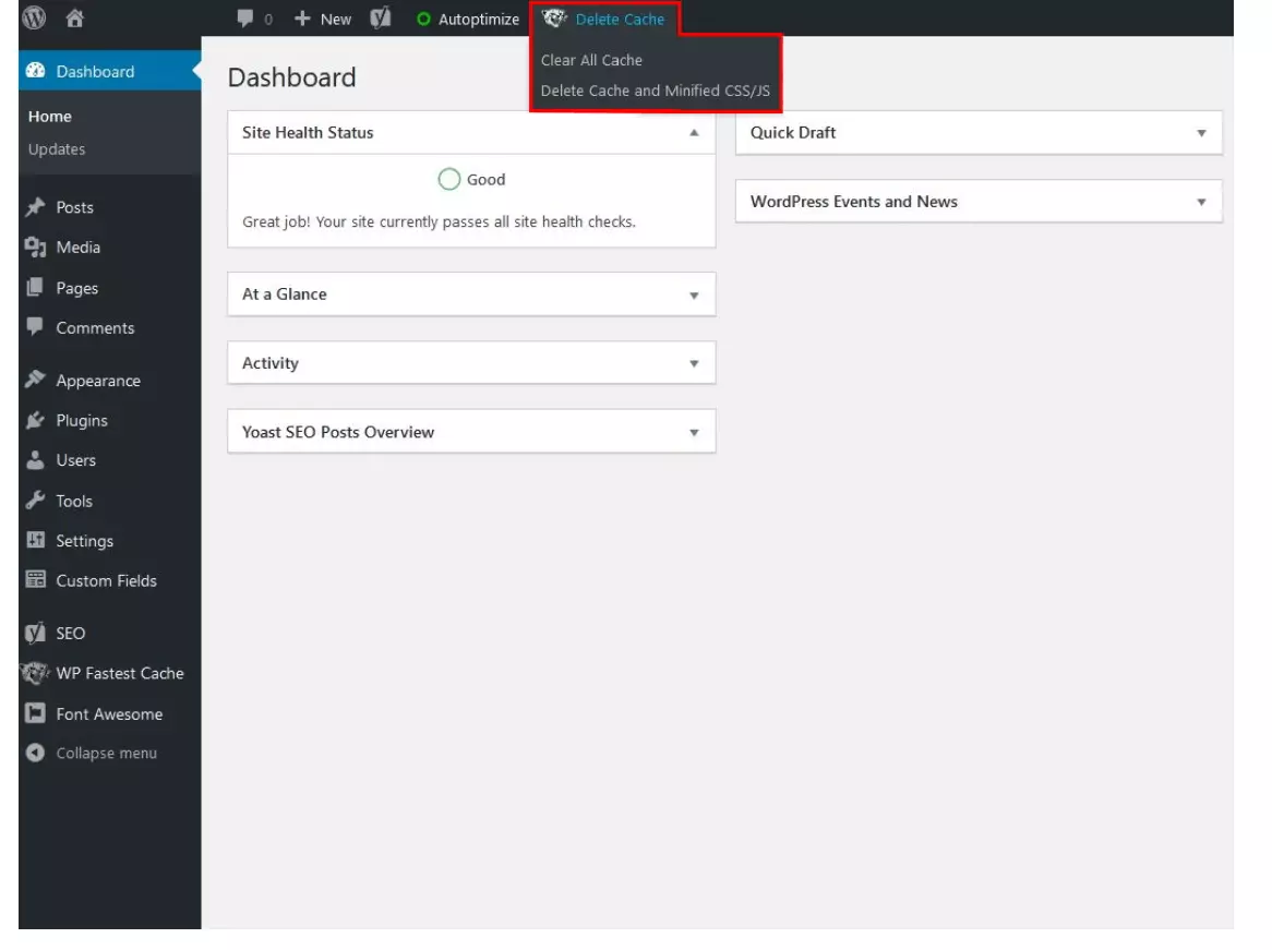 WP Fastest Cache : possibilité de vider le cache WordPress dans le tableau de bord