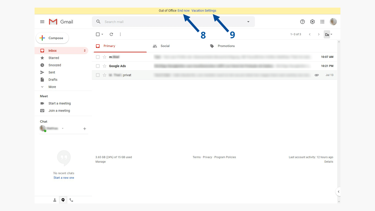 Message d’absence Gmail : le message d’absence est affiché en couleur.