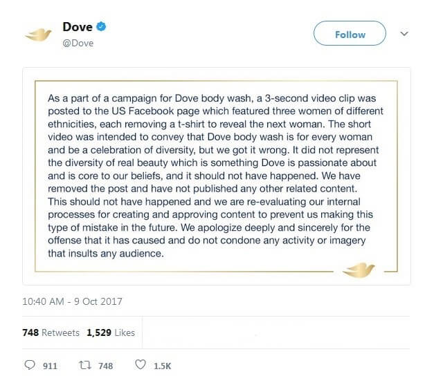 Les excuses de Dove par Tweet