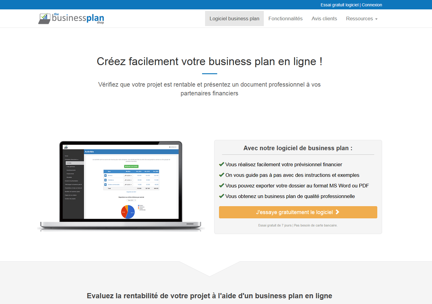Capture d’écran de l’outil de business plan Thebusinessplan.shop.