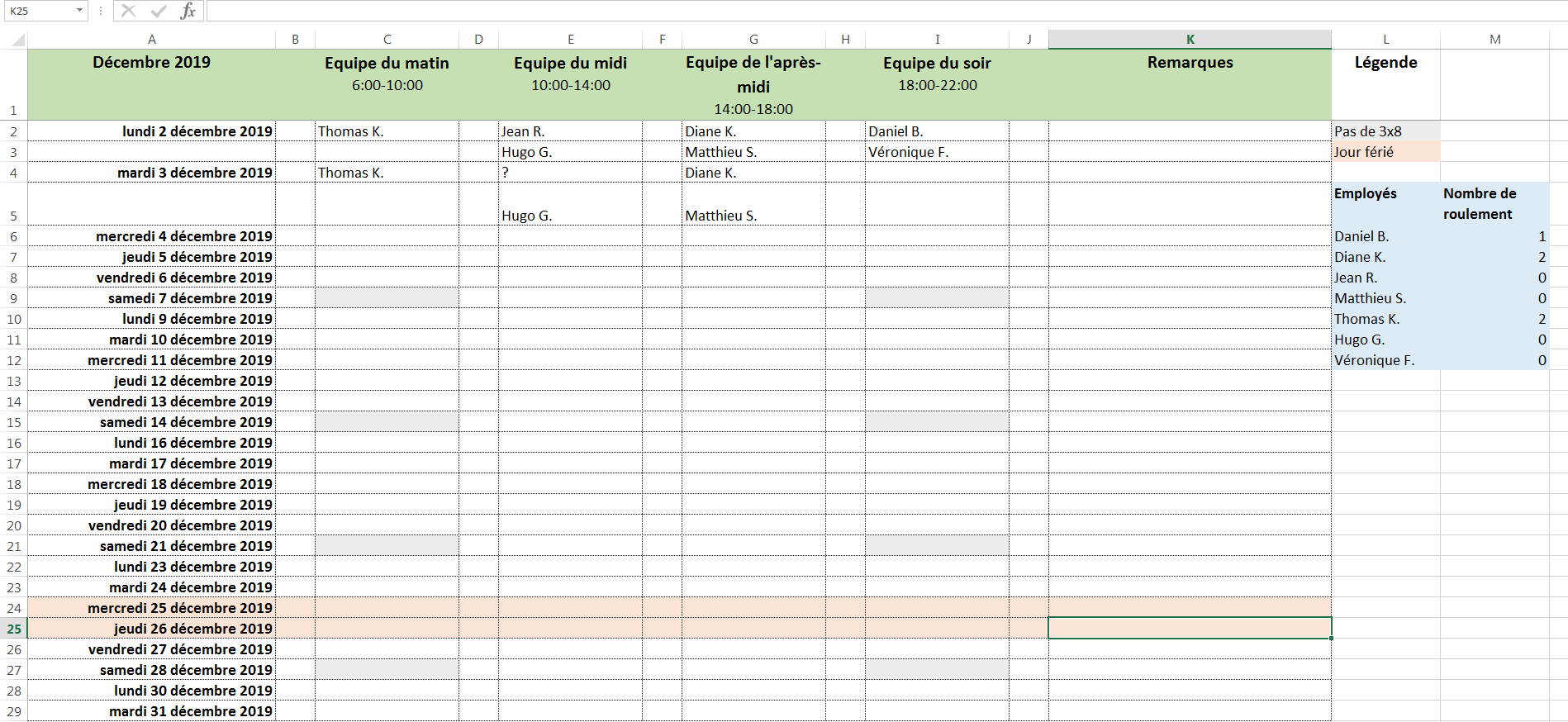 Exemple pour un planning 3x8 sous Excel