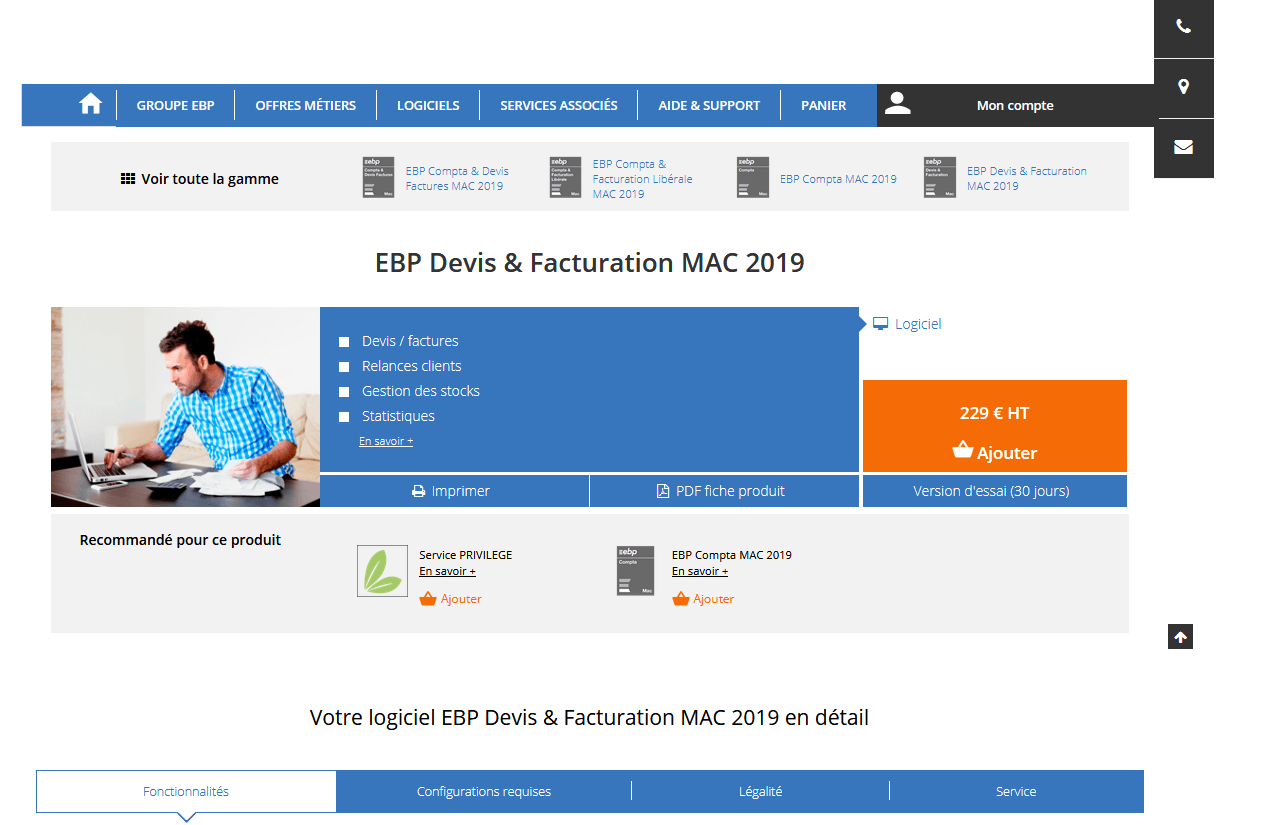 Page Web de présentation du logiciel EBP Devis & Facturation MAC 2019